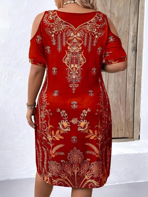 Elegantna haljina s otvorenim ramenima i V-izrezom, otisak, poliester, A-linijski kroj