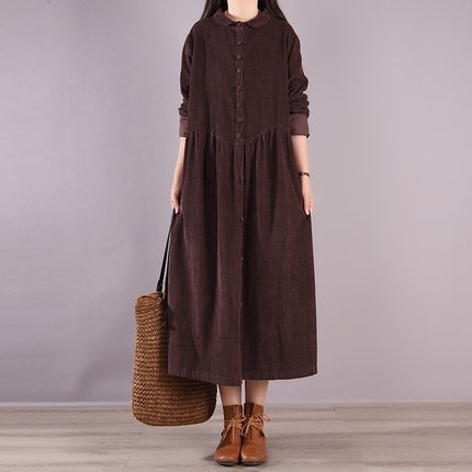 Rochie din Corduroy în croială A-line, guler Polo, mâneci lungi, toamnă 2025