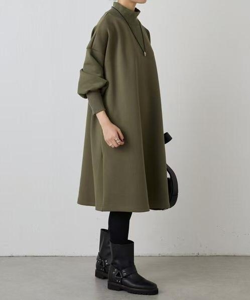 Pletena haljina s visokim ovratnikom, dugim rukavima, A-linija, poliester