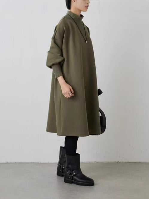 Pletena haljina s visokim ovratnikom, dugim rukavima, A-linija, poliester