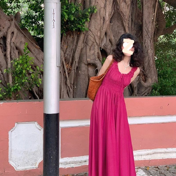 Haljina s trakicama, francusko-retro stil, duga A-linija, kvadratni ovratnik, bez rukava, tkanina od konoplje i poliestera