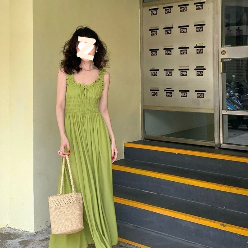 Haljina s trakicama, francusko-retro stil, duga A-linija, kvadratni ovratnik, bez rukava, tkanina od konoplje i poliestera