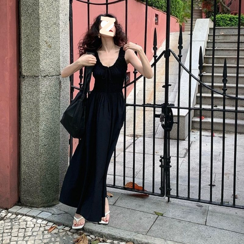Haljina s trakicama, francusko-retro stil, duga A-linija, kvadratni ovratnik, bez rukava, tkanina od konoplje i poliestera