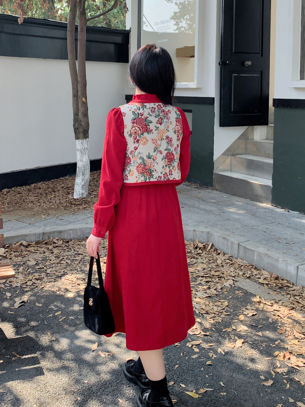 K2920 Haljina s dvije dijela: twill i jacquard tkanina, poliester i spandex, književno retro stil, puf rukavi