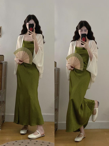 Rochie lungă cu bretele, set din două piese, croială A-line, talie înaltă, mâneci lungi, material spandex