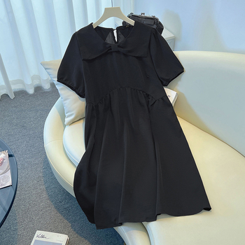 Ženska haljina s mašnicom, midi A-linija, doll collar, rukavi 3/4, tkanina od poliestera 95%+