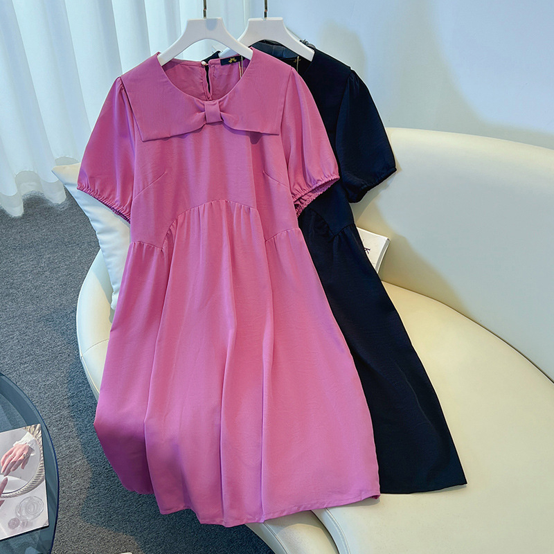 Ženska haljina s mašnicom, midi A-linija, doll collar, rukavi 3/4, tkanina od poliestera 95%+