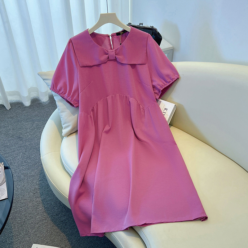 Ženska haljina s mašnicom, midi A-linija, doll collar, rukavi 3/4, tkanina od poliestera 95%+