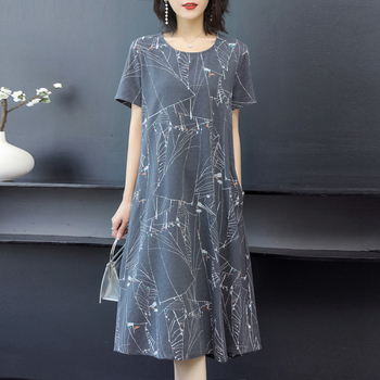 Milk Silk midi haljina, opušteni struk, kratki rukavi, okrugli izrez, otisak, ljetni gradski ležerni stil.
