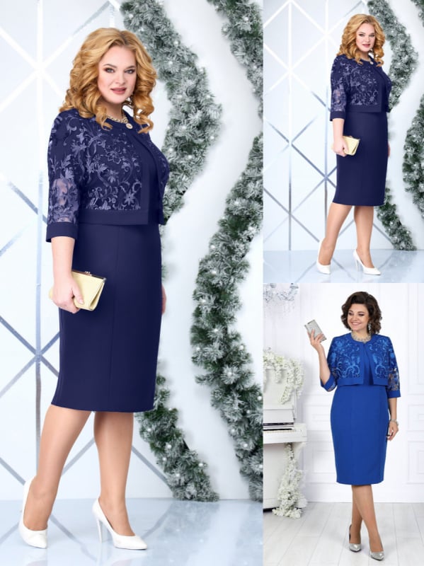 Moteriškas poliesterio kostiumas su sijonu ir siuvinėjimu, klubams prigludęs siluetas, midi ilgio sijonas, 3/4 rankovės, vasara 2025