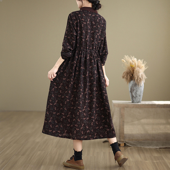 Hosszú ujjú ruha, négyzet gallér, nyomtatás minta, A-vonal, tavasz-ősz