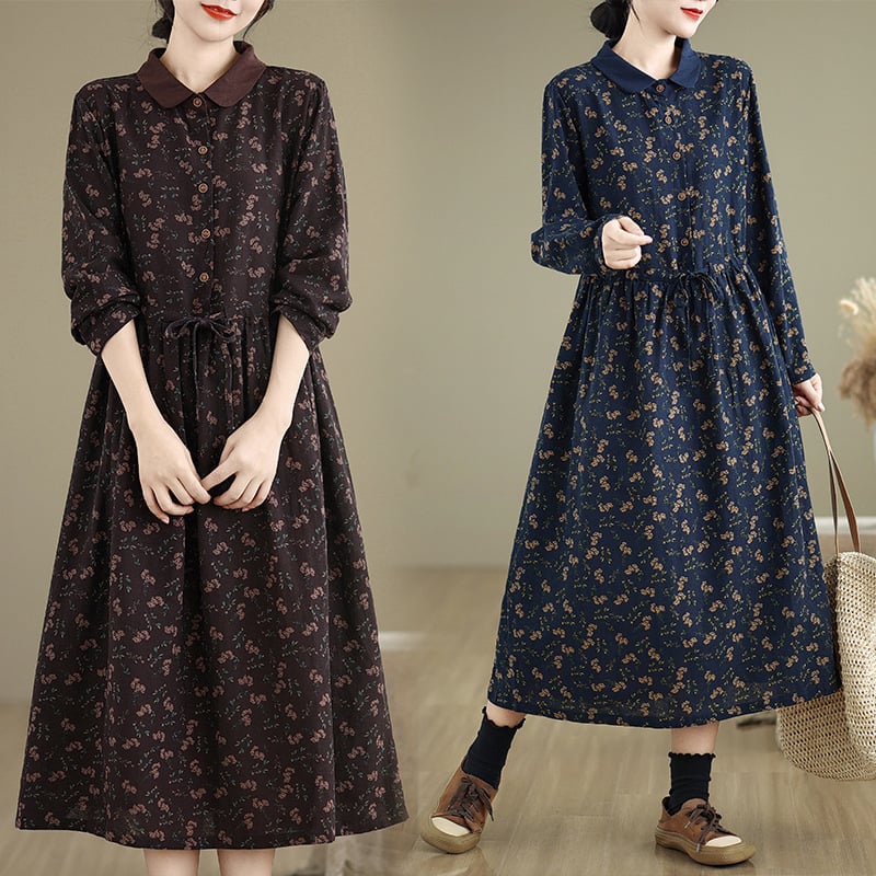 Hosszú ujjú ruha, négyzet gallér, nyomtatás minta, A-vonal, tavasz-ősz