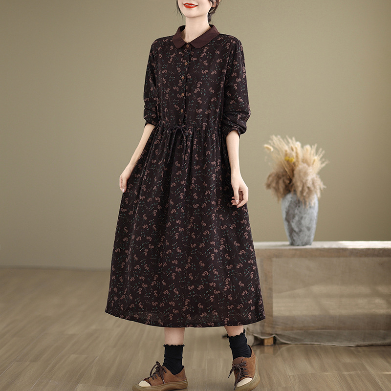 Hosszú ujjú ruha, négyzet gallér, nyomtatás minta, A-vonal, tavasz-ősz