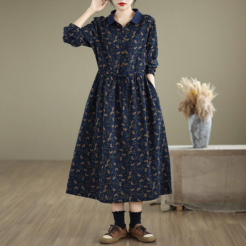 Hosszú ujjú ruha, négyzet gallér, nyomtatás minta, A-vonal, tavasz-ősz