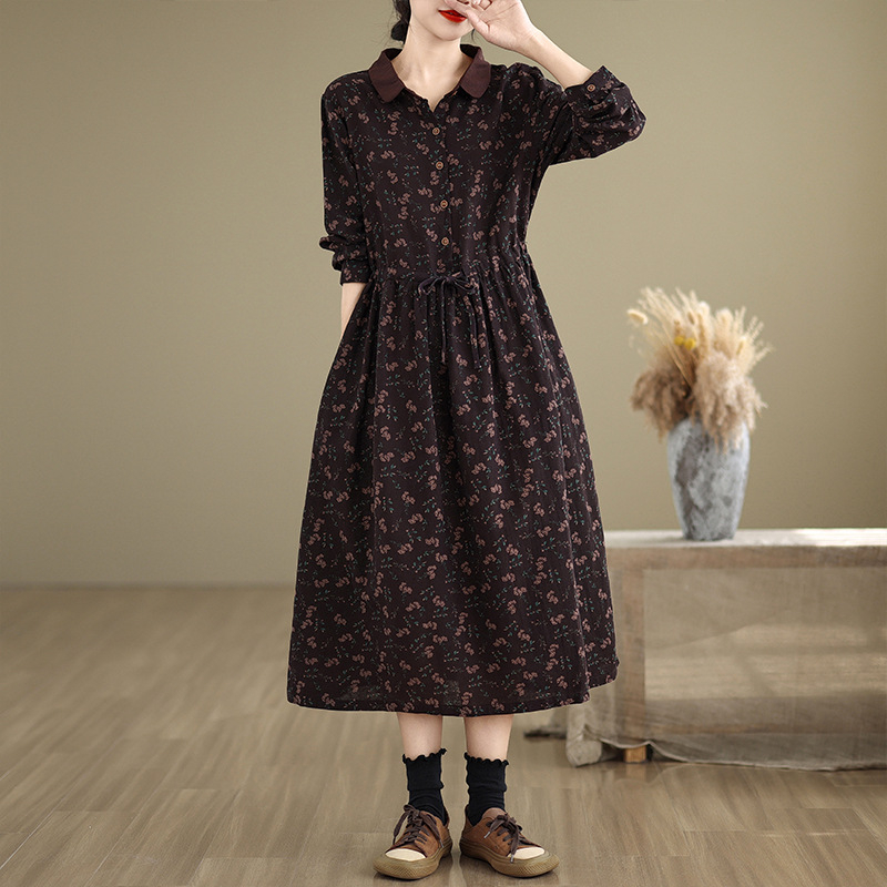 Hosszú ujjú ruha, négyzet gallér, nyomtatás minta, A-vonal, tavasz-ősz