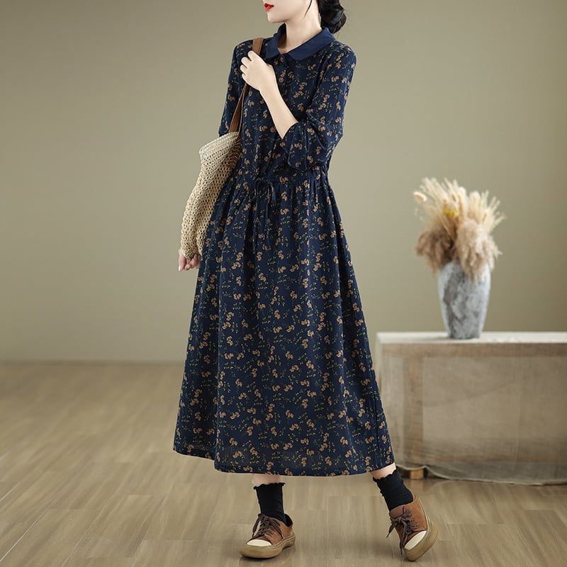 Hosszú ujjú ruha, négyzet gallér, nyomtatás minta, A-vonal, tavasz-ősz