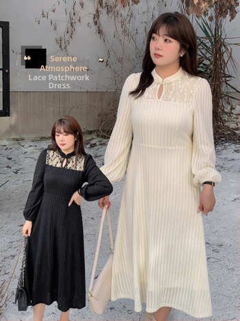 Női téli csipkés ruha, 80–90% poliészter, spandex keverék, puffos ujjú, álló gallér.