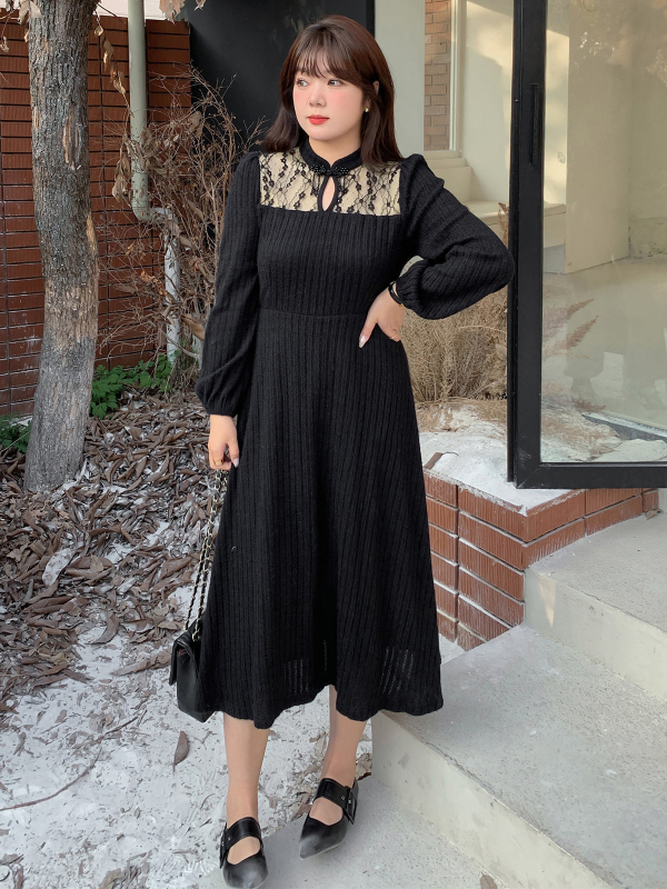 Női téli csipkés ruha, 80–90% poliészter, spandex keverék, puffos ujjú, álló gallér.