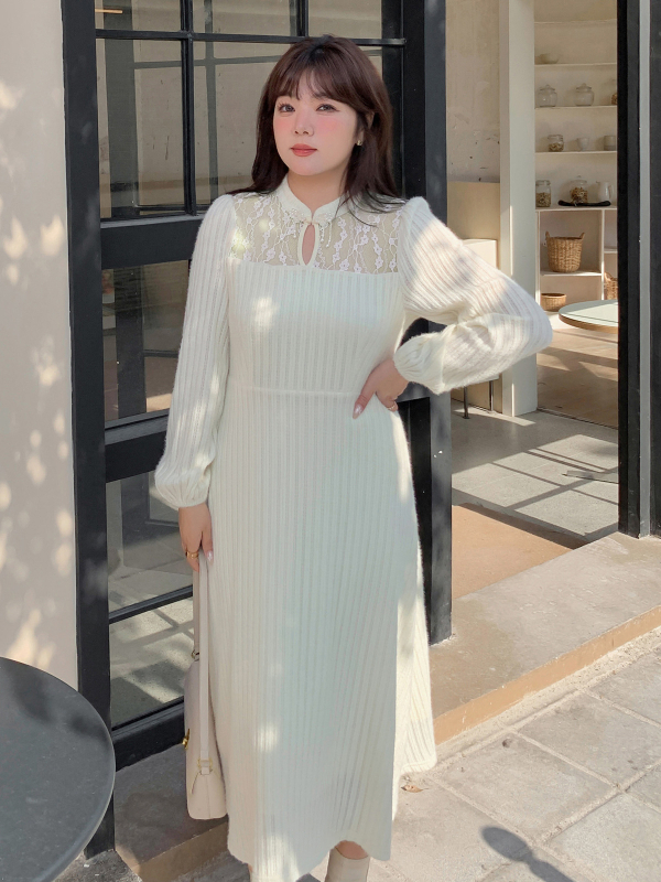 Női téli csipkés ruha, 80–90% poliészter, spandex keverék, puffos ujjú, álló gallér.