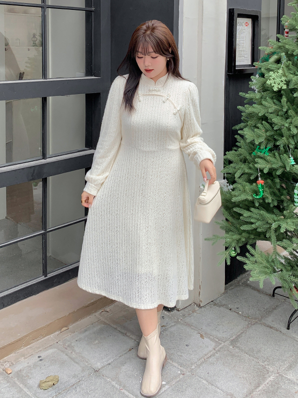 Čipkasta haljina A-linije s V izrezom, puff rukavi, srednja duljina