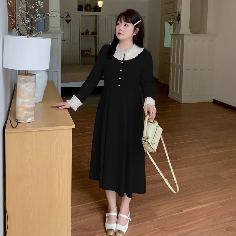 Plus-size haljina s čipkastim ovratnikom, A-linija, dugi rukavi, perlama ukrašena, stiskanje struka, pleteni poliester-elastan