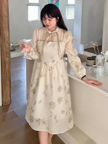 Plus-size jesenska Jacquard haljina sa stojećim ovratnikom i puff rukavima, A-linija, duga, kineskog stila
