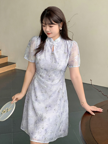 Cheongsam haljina retro stila, stojeći ovratnik, rukavi 3/4, A-linije suknje, midi duljina, poliester-pamučna smjesa