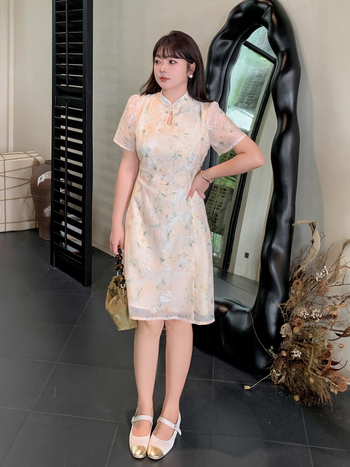 Cheongsam haljina retro stila, stojeći ovratnik, rukavi 3/4, A-linije suknje, midi duljina, poliester-pamučna smjesa