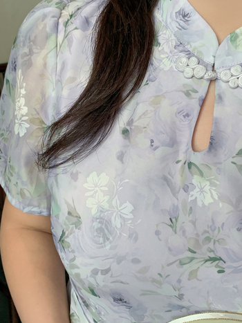 Cheongsam haljina retro stila, stojeći ovratnik, rukavi 3/4, A-linije suknje, midi duljina, poliester-pamučna smjesa