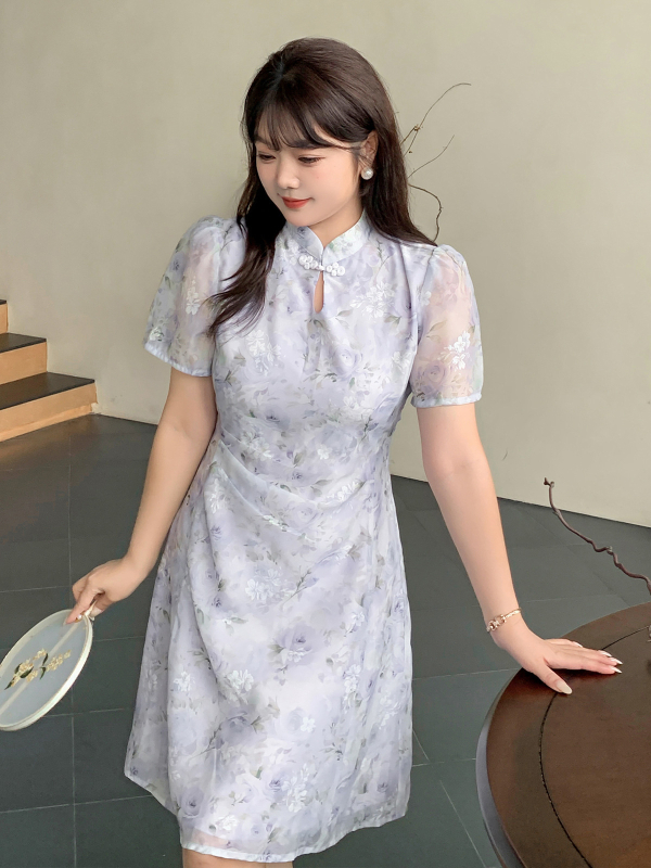 Cheongsam haljina retro stila, stojeći ovratnik, rukavi 3/4, A-linije suknje, midi duljina, poliester-pamučna smjesa