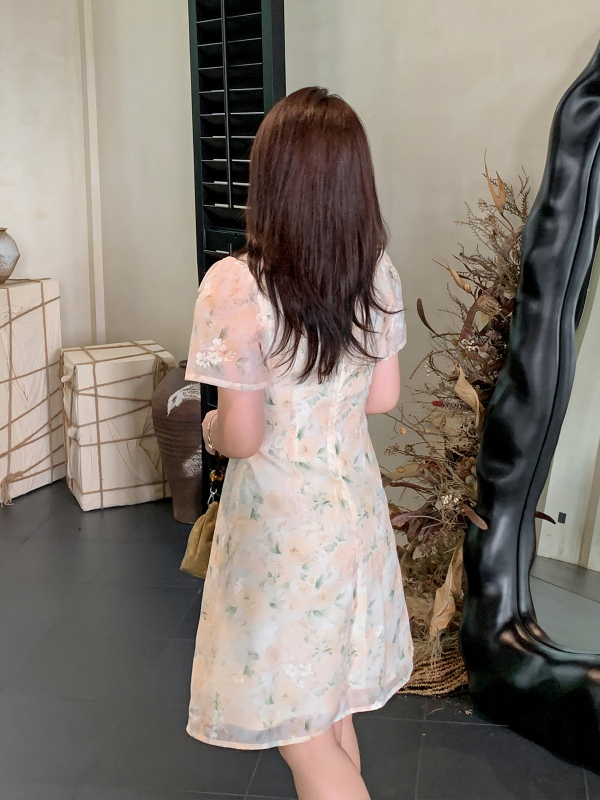 Cheongsam haljina retro stila, stojeći ovratnik, rukavi 3/4, A-linije suknje, midi duljina, poliester-pamučna smjesa
