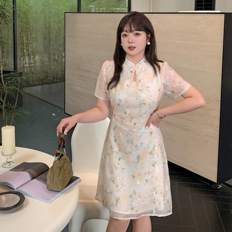 Cheongsam haljina retro stila, stojeći ovratnik, rukavi 3/4, A-linije suknje, midi duljina, poliester-pamučna smjesa