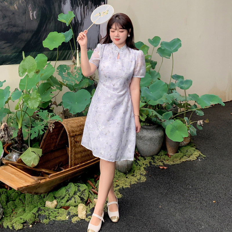 Cheongsam haljina retro stila, stojeći ovratnik, rukavi 3/4, A-linije suknje, midi duljina, poliester-pamučna smjesa