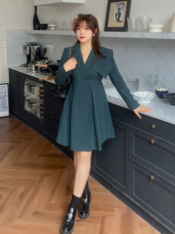 Plus-size ženski kostim-haljina za proljeće/jesen, dvodijelni set, s puff rukavima, ovratnik u stilu sakoa, A-linijska midi duljina, Twill tkanina (pamuk + Tencel)
