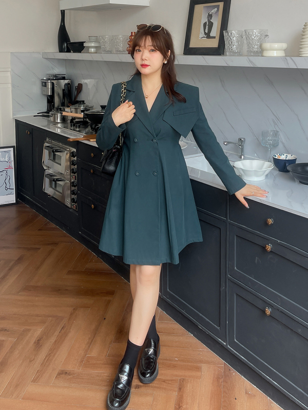 Plus-size ženski kostim-haljina za proljeće/jesen, dvodijelni set, s puff rukavima, ovratnik u stilu sakoa, A-linijska midi duljina, Twill tkanina (pamuk + Tencel)