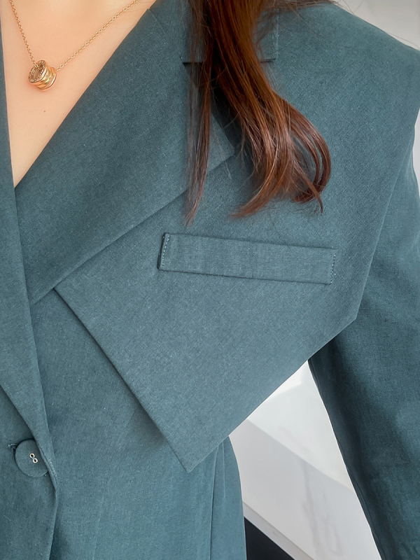 Plus-size ženski kostim-haljina za proljeće/jesen, dvodijelni set, s puff rukavima, ovratnik u stilu sakoa, A-linijska midi duljina, Twill tkanina (pamuk + Tencel)