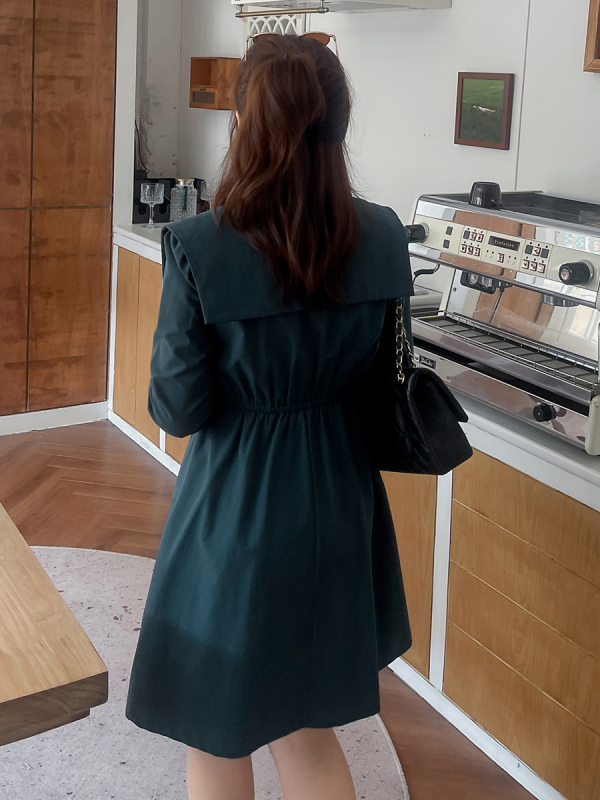 Plus-size ženski kostim-haljina za proljeće/jesen, dvodijelni set, s puff rukavima, ovratnik u stilu sakoa, A-linijska midi duljina, Twill tkanina (pamuk + Tencel)