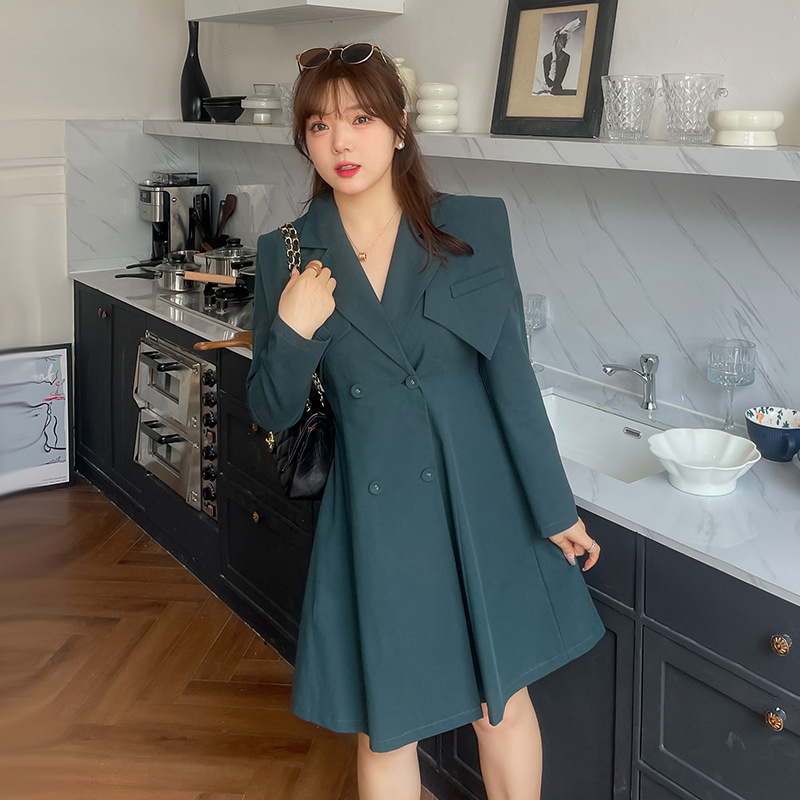 Plus-size ženski kostim-haljina za proljeće/jesen, dvodijelni set, s puff rukavima, ovratnik u stilu sakoa, A-linijska midi duljina, Twill tkanina (pamuk + Tencel)