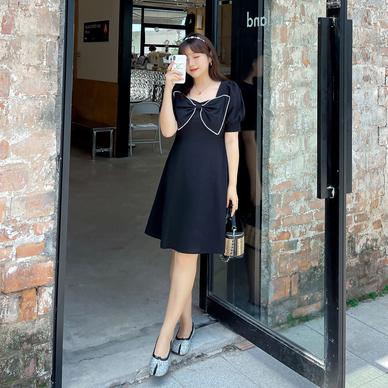 Plus size ženska ljetna haljina, svježi i sladak stil; Bubble Grid tkanina; poliester/spandeks; puf rukavi; A-linija haljina; kvadratni ovratnik