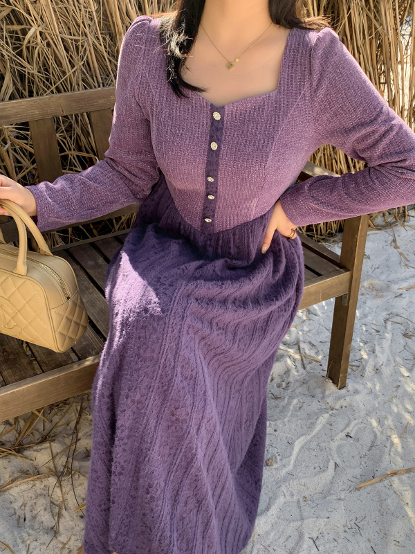 Női ruha csipke-chenille anyagból, hosszú ujjú, négyszögletes gallér, A-vonalú, 2025 tavasz