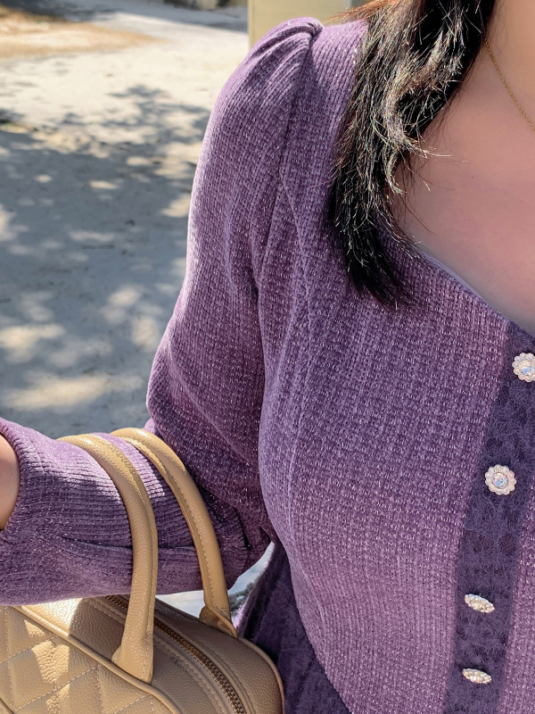 Női ruha csipke-chenille anyagból, hosszú ujjú, négyszögletes gallér, A-vonalú, 2025 tavasz