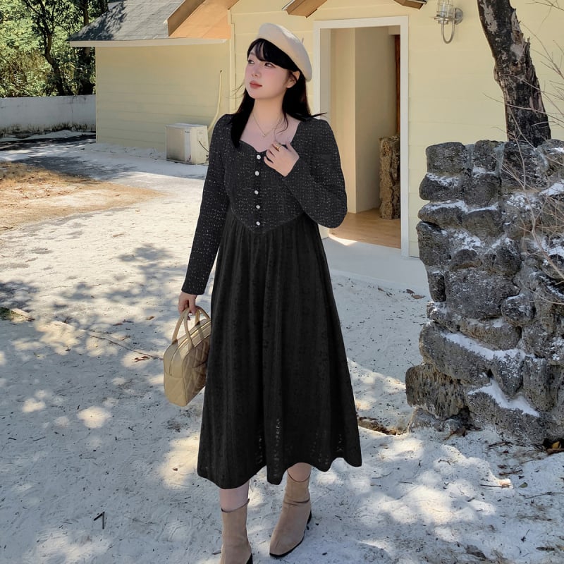 Női ruha csipke-chenille anyagból, hosszú ujjú, négyszögletes gallér, A-vonalú, 2025 tavasz