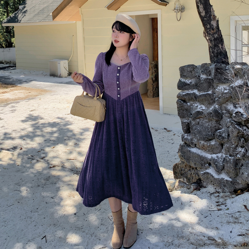 Női ruha csipke-chenille anyagból, hosszú ujjú, négyszögletes gallér, A-vonalú, 2025 tavasz