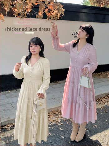 K2917 Francia V-nyakú retro csipkés ruha, hosszú A-vonal, téli stílus