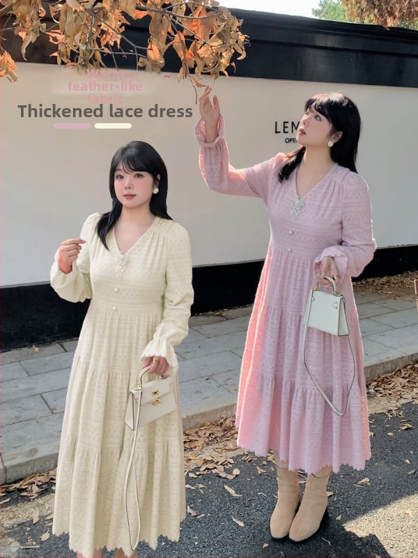 K2917 Francia V-nyakú retro csipkés ruha, hosszú A-vonal, téli stílus