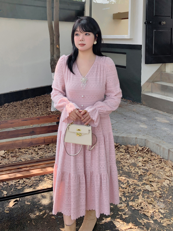 K2917 Francia V-nyakú retro csipkés ruha, hosszú A-vonal, téli stílus