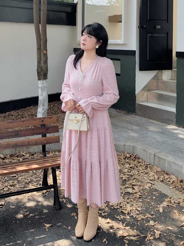 K2917 Francia V-nyakú retro csipkés ruha, hosszú A-vonal, téli stílus