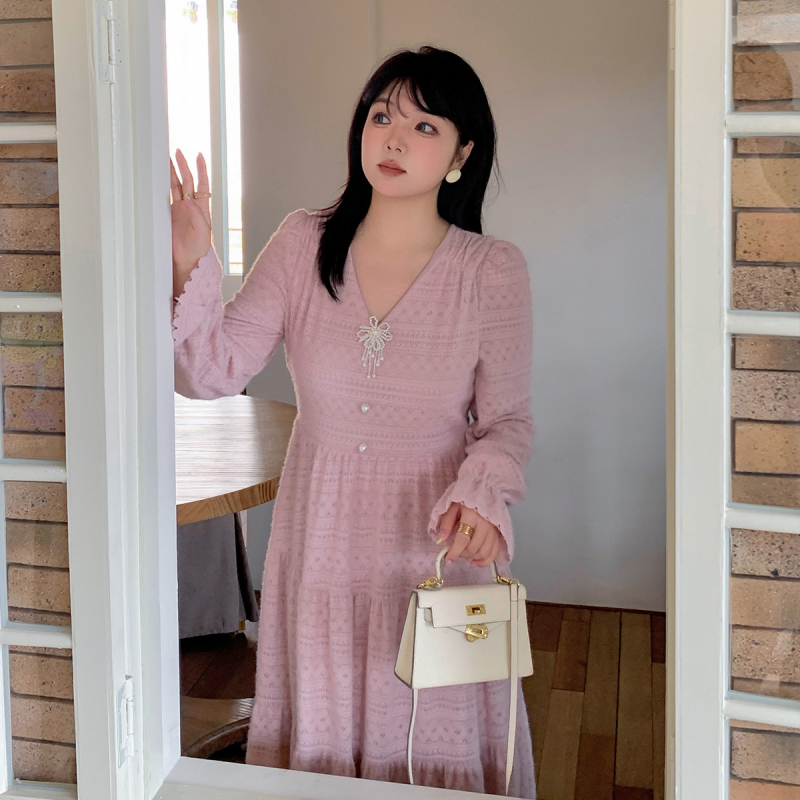 K2917 Francia V-nyakú retro csipkés ruha, hosszú A-vonal, téli stílus