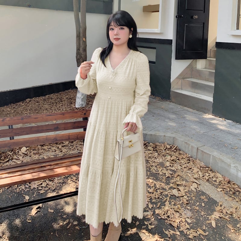 K2917 Francia V-nyakú retro csipkés ruha, hosszú A-vonal, téli stílus