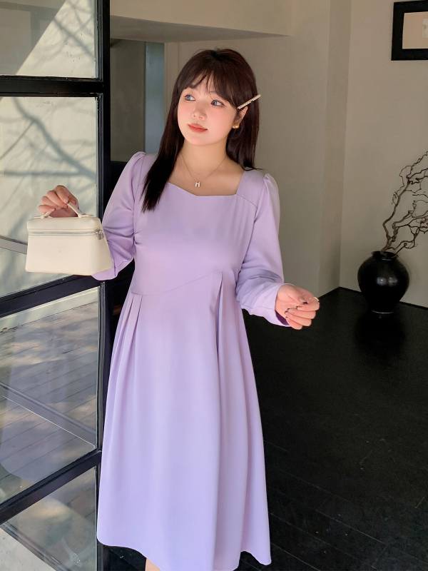 K2817 hosszú ujjú, A-vonalú ruha, négyzetes gallérral, Peacock twill poliészter (95%+), ősz 2024